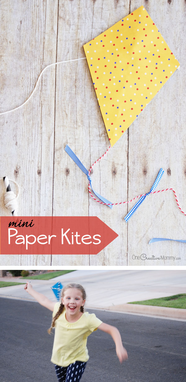 Get your kids outdoors and bust boredom this summer with easy mini paper kites! {OneCreativeMommy.com} Such a fun kids craft!