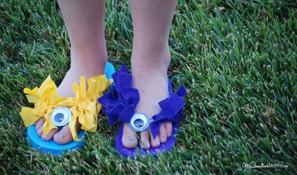 These minion flip flops look so easy! We've got to make these at our Minions birthday party! {OneCreativeMommy.com}