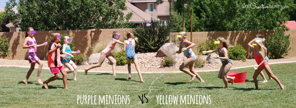 Perfect for a Minion Birthday Party or a summer cool down, kids will love this water balloon fight--Minion style. {OneCreativeMommy.com}