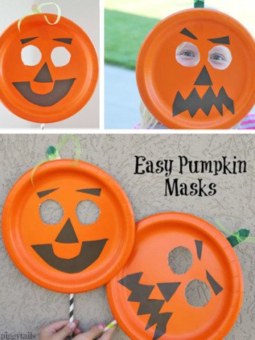 This cute paper plate pumpkin mask looks like such an easy Halloween craft to make with the kids! {Pebbles and Pigtails on OneCreativeMommy.com}