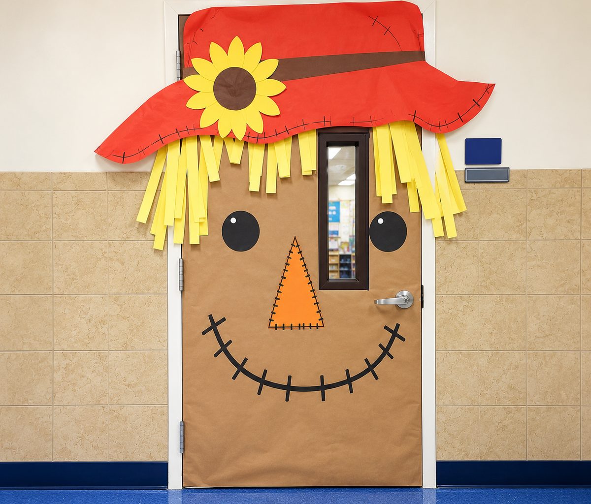 Easy scarecrow Halloween classroom door with a red hat, sunflower, and stitched smile