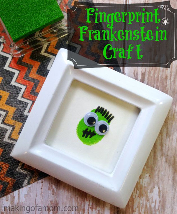 Fingerprint Frankenstein Halloween Craft from Making of a Mom {Featured on OneCreativeMommy.com | Fantastic Halloween Class Party Ideas}