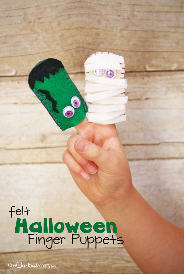 Fun Felt Halloween Finger Puppets! A cool craft to make with your kids. {OneCreativeMommy.com} Free template and lots of pictures and ideas