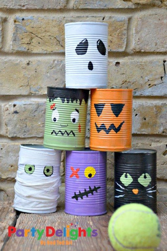 Halloween Tin Can Bowling from Red Ted Art {Featured on OneCreativeMommy.com | Fantastic Halloween Class Party Ideas}