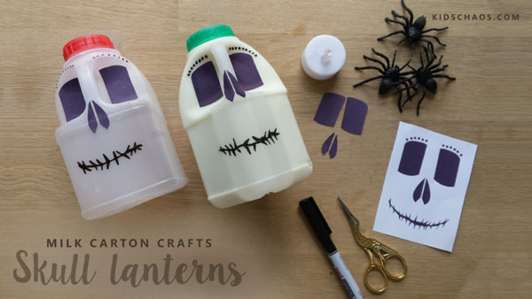 Milk Carton Skull Lanterns from Kids Chaos {Featured on OneCreativeMommy.com | Fantastic Halloween Class Party Ideas}