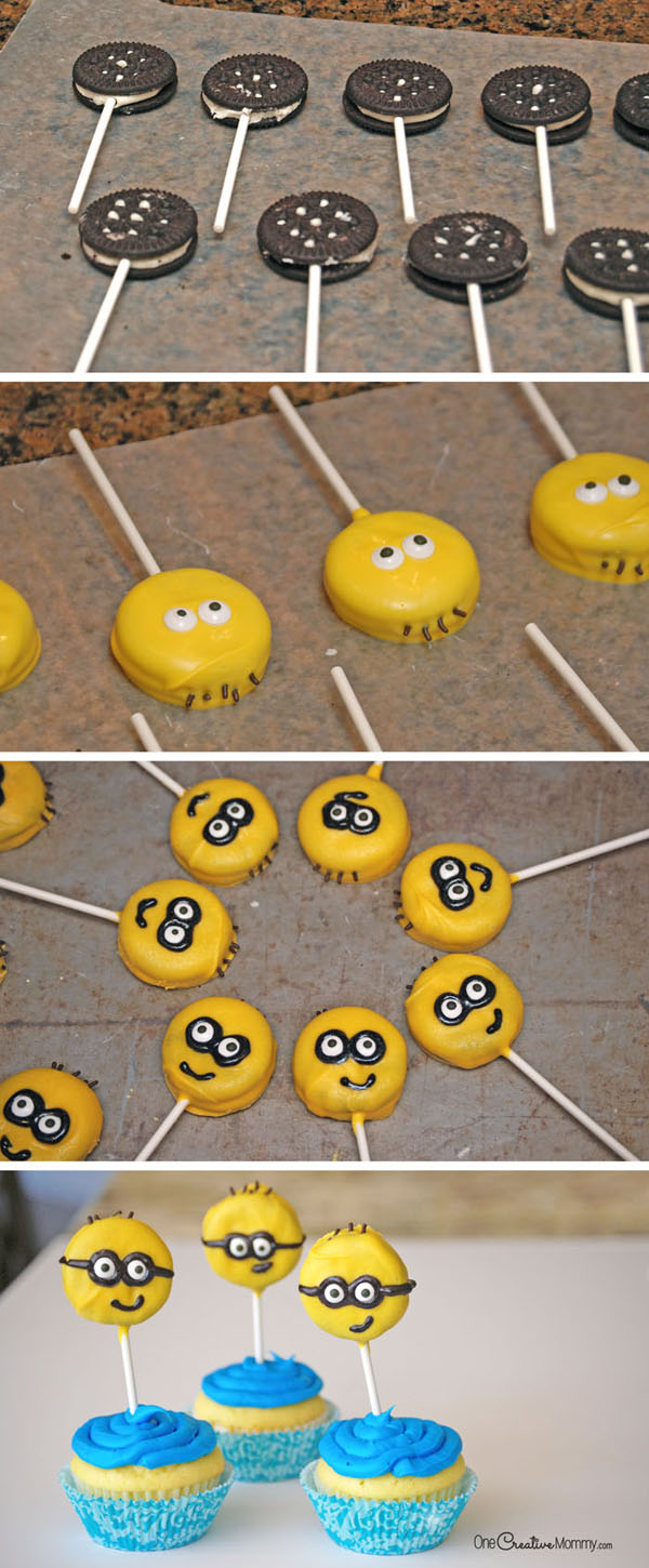 Chocolate Dipped Oreos make these Minion Cupcakes two treats in one! {OneCreativeMommy.com} Fun Minion Party Idea!