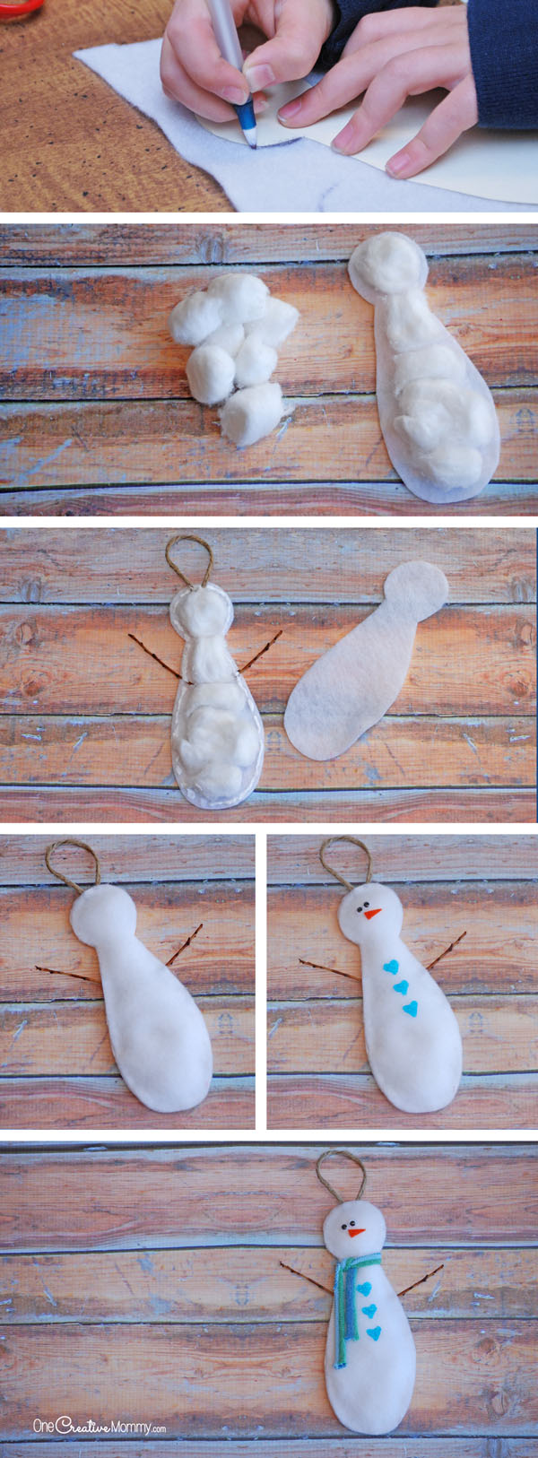 These adorable felt snowmen make perfect Christmas ornaments or doorknob hangers! Such a fun kids craft {OneCreativeMommy.com}