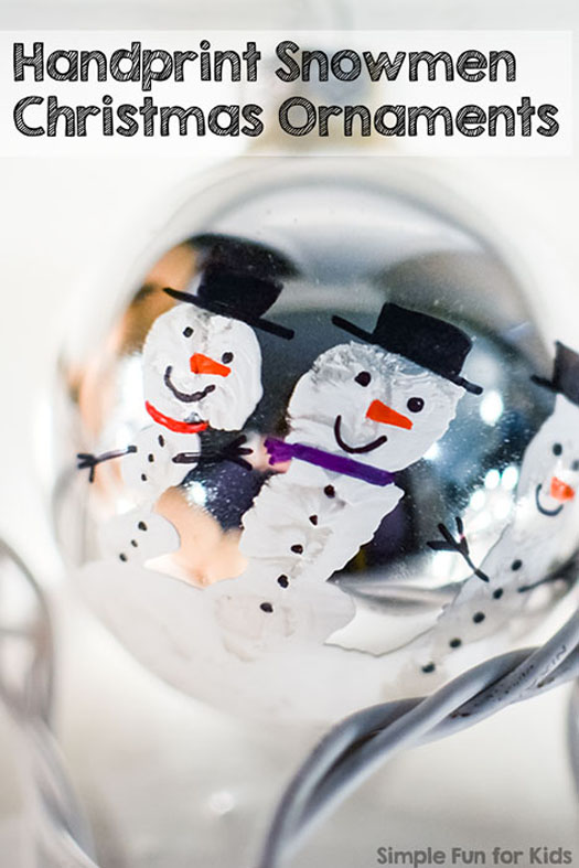 Handprint Snowmen Ornament |Featured with 33+ Handmade Christmas Ornaments to Make with Your Kids! {OneCreativeMommy.com}