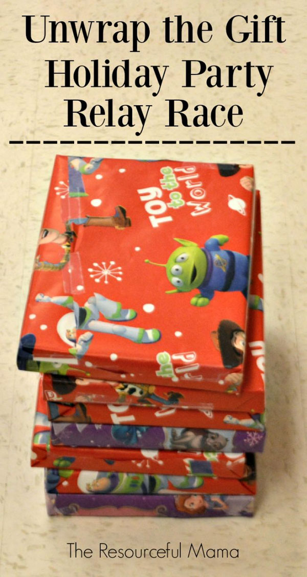 Unwrap the Gift Holiday Party Game and Relay Race | Featured with 29 Awesome Classroom Christmas Party Ideas {OneCreativeMommy.com}