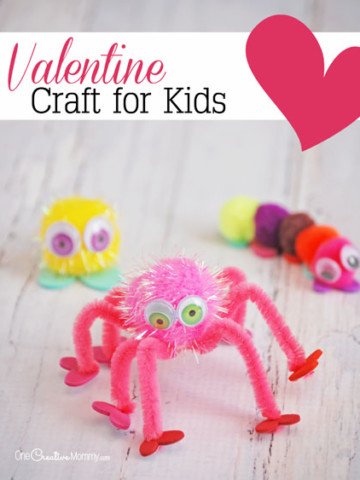 My kids LOVE this simple Valentine craft idea! Pom poms and heart shapes become adorable bugs with a Valentine twist! {OneCreativeMommy.com}