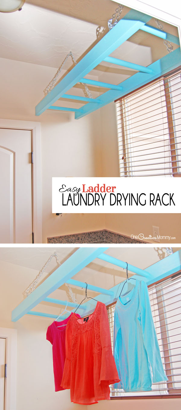 No more wet clothes hanging all over the house! Tame the mess with this easy Ladder Laundry Drying Rack! {OneCreativeMommy.com} Step-by-step tutorial