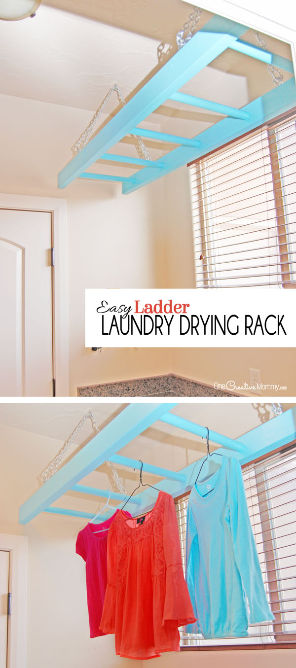 No more wet clothes hanging all over the house! Tame the mess with this easy DIY Ladder Laundry Drying Rack idea! {OneCreativeMommy.com} Step-by-step tutorial and life hack