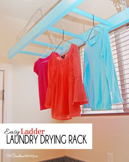 No more wet clothes hanging all over the house! Tame the mess with this easy Ladder Laundry Drying Rack! {OneCreativeMommy.com} Step-by-step tutorial