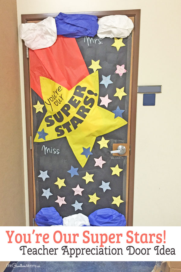 Super Star Teacher Door Decorating Idea featured with 21 Teacher Appreciation Door Ideas! {OneCreativeMommy.com} So many great ideas for your teacher!