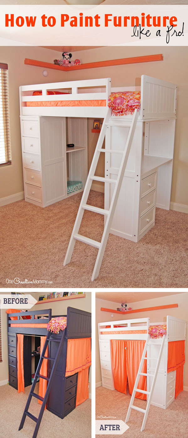 Getting ready to give your furniture a makeover? Check out these tips to learn how to paint furniture like a pro! {OneCreativeMommy.com} Furniture Painting Tips {Dark paint to white}