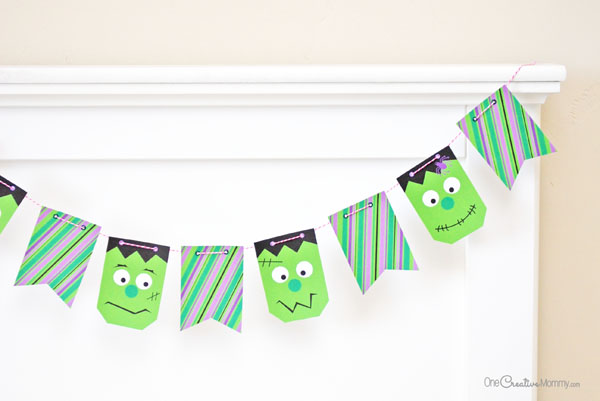 Yikes! These mini Frankenstein Halloween pennants are so much fun! {OneCreativeMommy.com} Printable Halloween Bunting