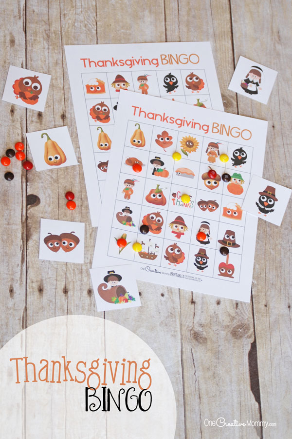 What a great way to keep the kids busy while they wait for Thanksgiving dinner! I love Bingo! {OneCreativeMommy.com} Free Printable Thanksgiving Bingo Boards