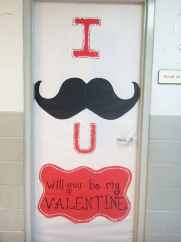 Mustache Themed Classroom Door - Featured in 27 Valentine's Day Classroom Door Decorating Ideas {OneCreativeMommy.com}