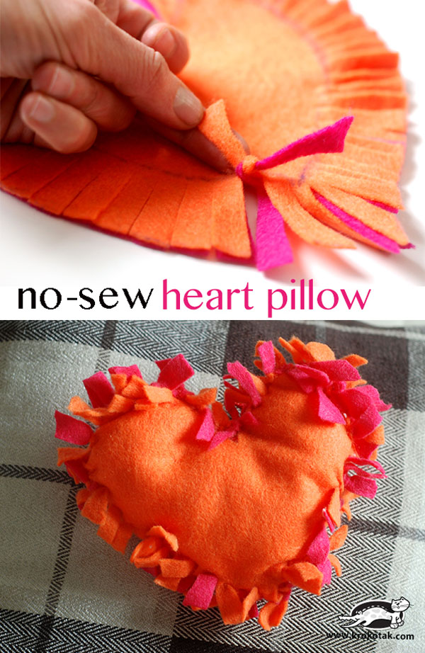 Adorable No-Sew Heart Pillow from krokotak Featured on 25 amazing Valentine craft ideas to try right now! {OneCreativeMommy.com}
