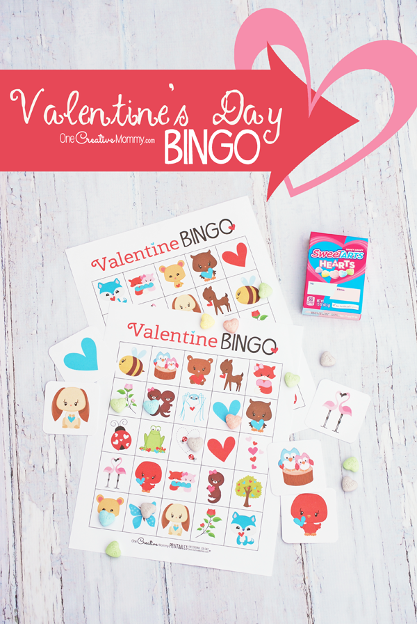 This printable Valentine's Day Bingo game is the cutest! I can't wait to play it with my kids. {OneCreativeMommy.com} Class Party Set and Family Set #valentinesday #valentinesdaygames #valentinesdaypartyideas #bingo #printable