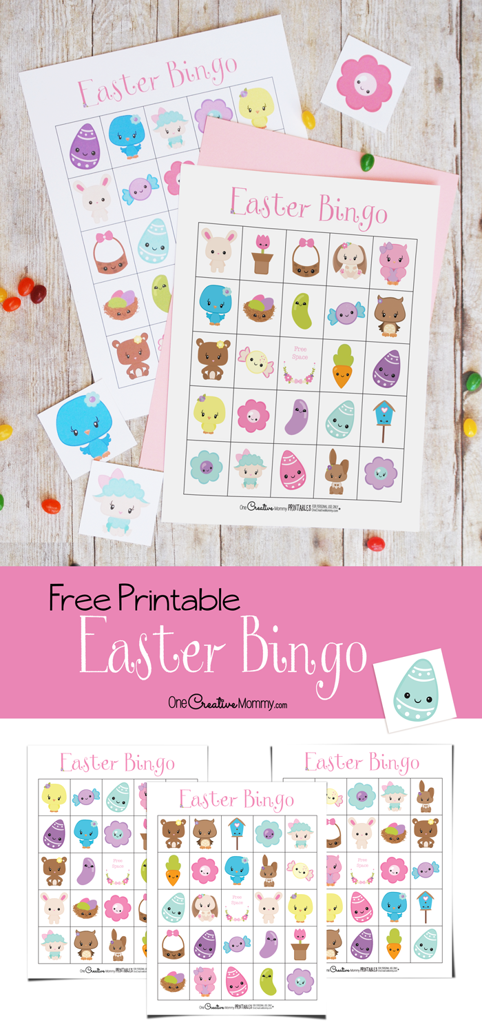 The cutest Easter Bingo game! Free printable game boards {OneCreativeMommy.com} Easter activities for kids #easter #bingo #printable #eastercrafts #kidsactivites