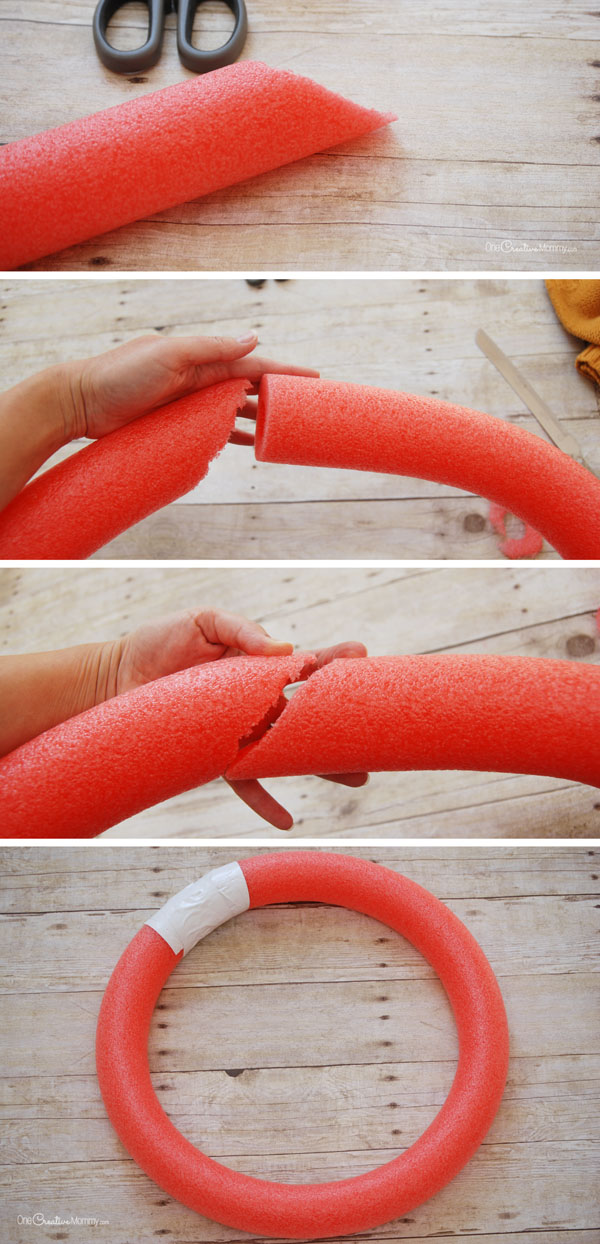Turn a pool noodle into a gorgeous Fall wreath with this simple tutorial {OneCreativeMommy.com}