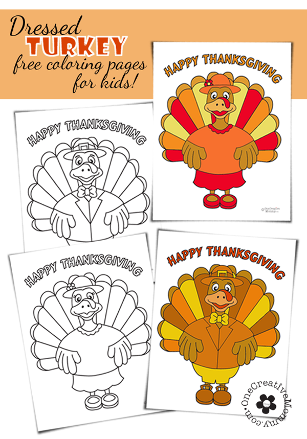 Free Thanksgiving coloring pages--While you are in the kitchen preparing TURKEY WITH DRESSING, why not let the kiddos make some DRESSED TURKEYS? {OneCreativeMommy.com}