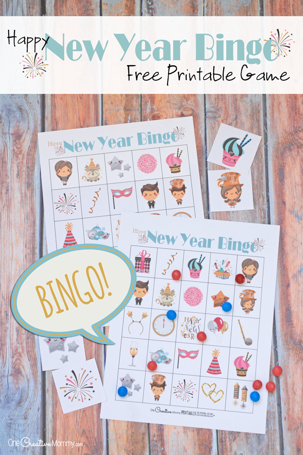 Keep the kids busy this New Year ' s Eve with Free Printable New Years Eve Bingo! {OneCreativeMommy.com} New Year 's Eve Activities for kids #happynewyear #newyearseve #bingo #printable #familyfun #gamenight