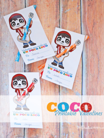 These free Coco printable Valentines are the cutest! The kids are going to love them this Valentine's Day! {OneCreativeMommy.com}