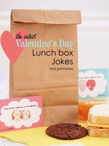 Cheer up your kids' lunch box with these clever and adorable Valentine Lunch Box jokes! Free printables {OneCreativeMommy.com} #valentine #valentinejokes #lunchboxjokes #lunchboxlovenotes #valentinesday #schoollunch