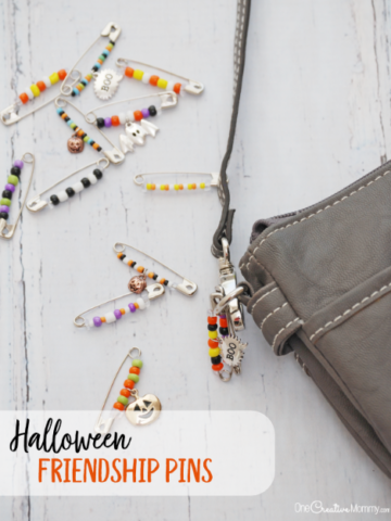 Such a cool retro Halloween friendship pins craft for kids! Decorate your shoes, backpack or purse with these fun Halloween pins. {OneCreativeMommy.com} #halloween #halloweencraft #kidscraft #friendship #beading #trendy