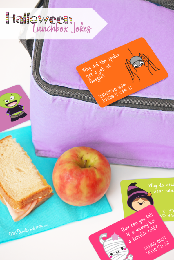 Make lunchtime amazing with cool Halloween Lunchbox Jokes. Collect them all for a joke every school day in October. {OneCreativeMommy.com} #lunchboxjokes #halloween #lunchtime #schoollunch #lunchnotes #lunchboxnotes #jokes #printables