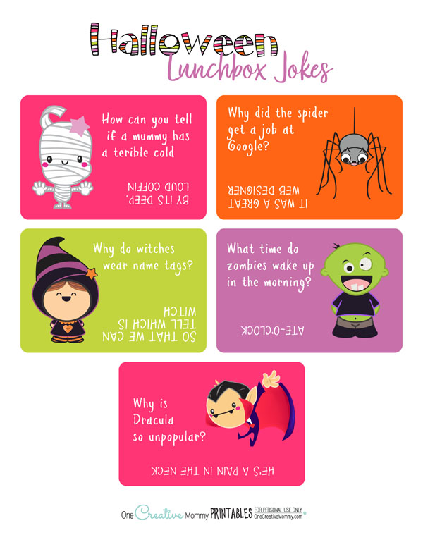 Make lunchtime amazing with cool Halloween Lunchbox Jokes. Collect them all for a joke every school day in October. {OneCreativeMommy.com} #lunchboxjokes #halloween #lunchtime #schoollunch #lunchnotes #lunchboxnotes #jokes