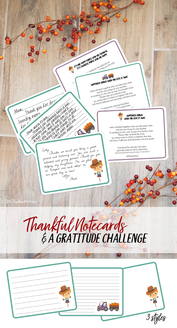 These adorable printable thank you notes are the perfect way to kick off November. Start a gratitude chain as you pay it forward and share your thanks with family, friends, neighbors and coworkers. {OneCreativeMommy.com} #thanksgiving #thankyoucards #thankyounotes #gratitude