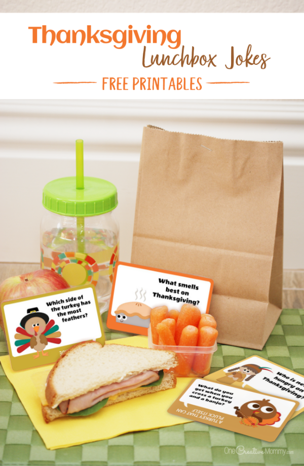 Spice up lunch this November with silly Thanksgiving lunchbox jokes! {OneCreativeMommy.com} Free Printables #thanksgiving #lunchboxjokes #lunchboxlovenotes #jokes #lunchtime