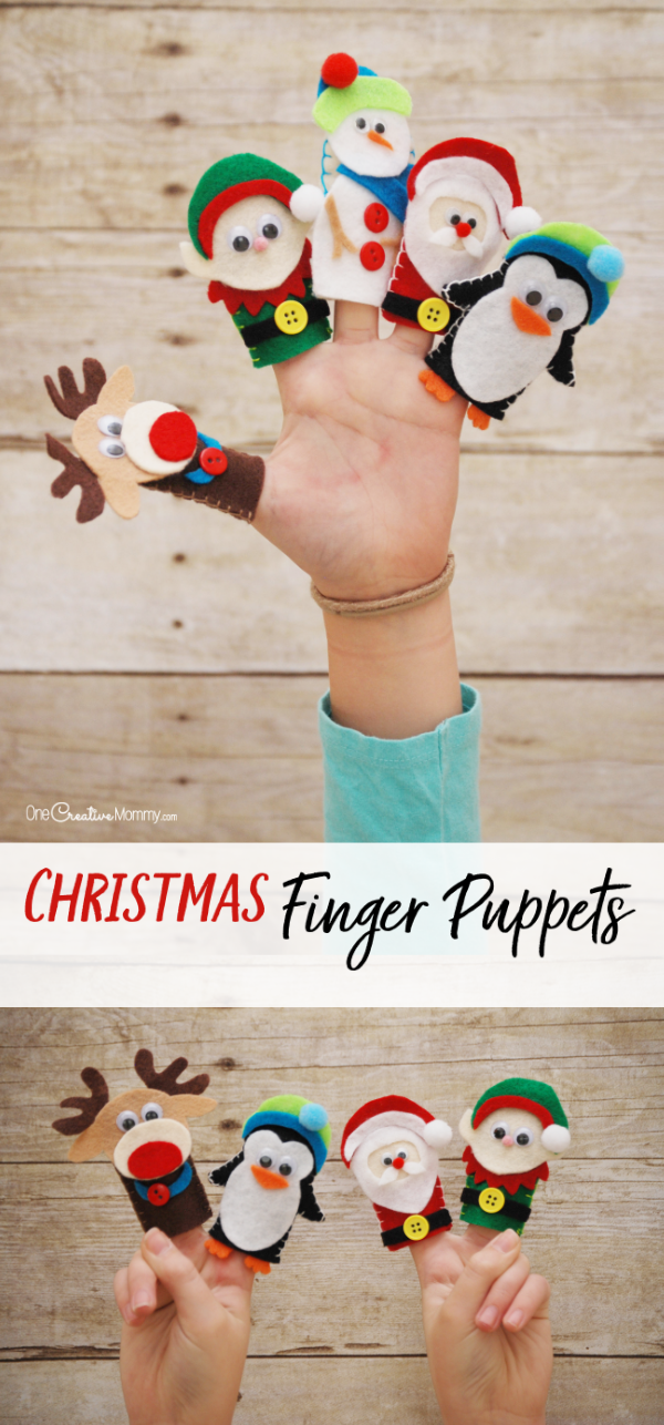 These Christmas finger puppets are the cutest! I can't wait to make them with the kids. There's even a printable template of all the designs! {OneCreativeMommy.com} #christmas #kidscrafts #christmascrafts #fingerpuppets #felt