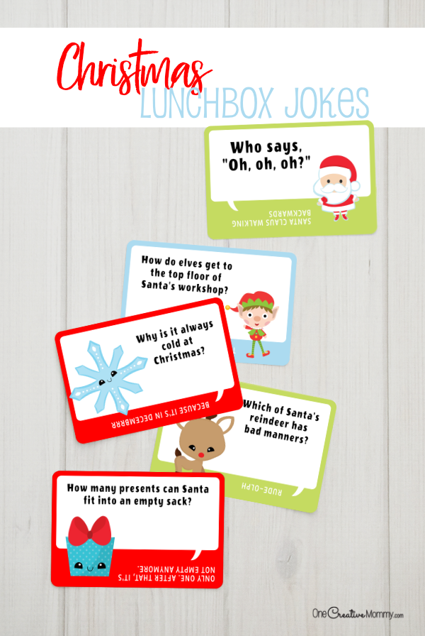 Aren't these Christmas lunchbox jokes the cutest? My kids can't wait to share the next joke with their friends each day. What a great way to make school lunch fun. {OneCreativeMommy.com} Free printables #lunchboxideas #lunchboxnotes #jokes #christmas