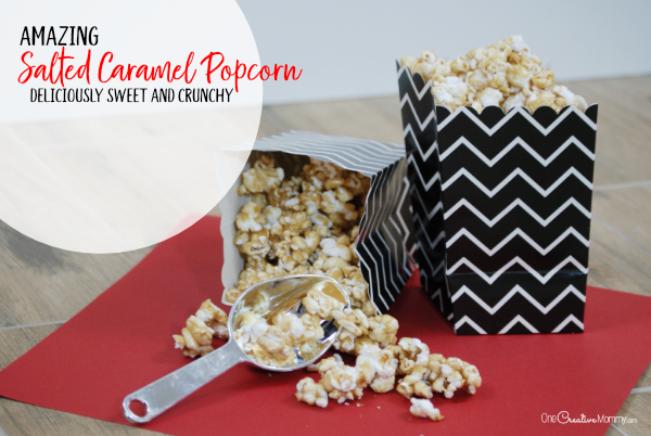 Oh my! This salted caramel popcorn is to die for! It's sweet, crunchy, and oh, so good! Do I have to share? {OneCreativeMommy.com} What a yummy snack idea! #saltedcaramel #caramelpopcorn #popcornrecipes