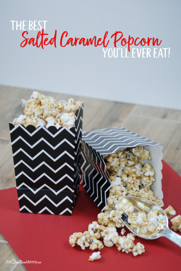 Oh my! This salted caramel popcorn is to die for! It's sweet, crunchy, and oh, so good! Do I have to share? {OneCreativeMommy.com} What a yummy snack idea! #saltedcaramel #caramelpopcorn #popcornrecipes