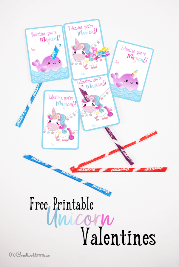 These unicorn valentines are the cutest! I'm downloading the free printables today. {OneCreativeMommy.com} #unicorns #valentinesday #printablevalentines #valentines #schoolvalentine #narwhal