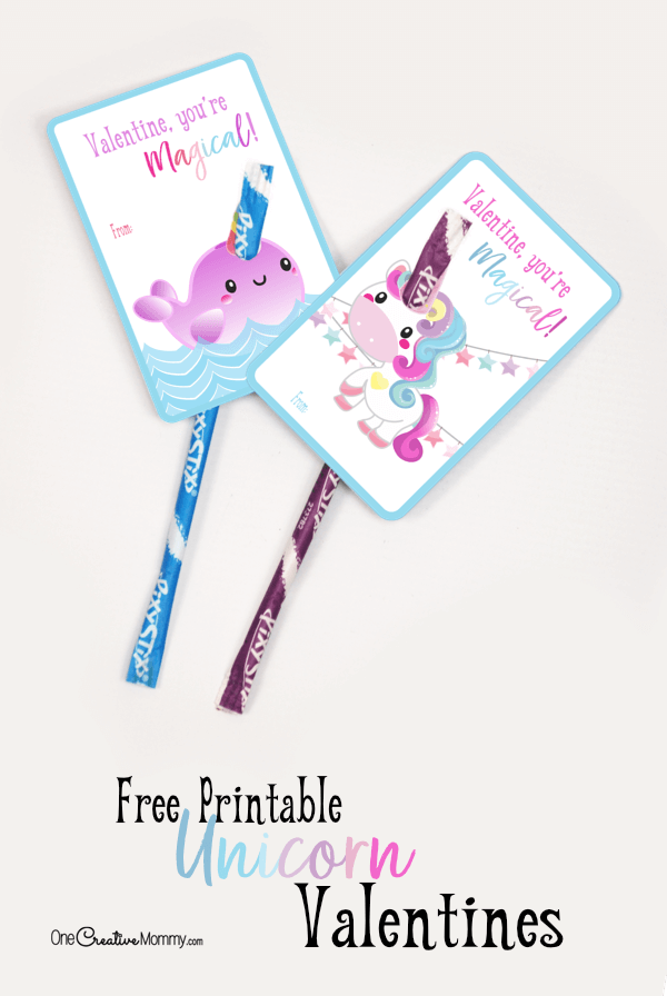 I'm in love with these unicorn valentines. Pixie sticks make cute narwhal and unicorn horns! {OneCreativeMommy.com} #unicorns #valentinesday #printablevalentines #valentines #pixiestix #schoolvalentine #narwhal