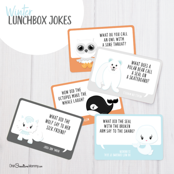 Fill your kids lunchbox with love this Winter with adorable lunchbox jokes! {OneCreativeMommy.com} My kids love getting a joke every day in their lunches! #lunchboxjokes #lunchboxlovenotes #schoollunch