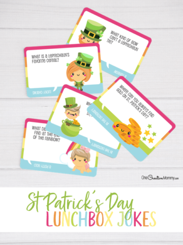 Free St. Patrick's Day lunchbox jokes for kids? I'm on it. My kids love getting jokes in their lunchbox every day, and these are the cutest! {OneCreativeMommy.com} #stpatricksday #lunchboxjokes #lunchboxlovenotes #leprechaun #jokes