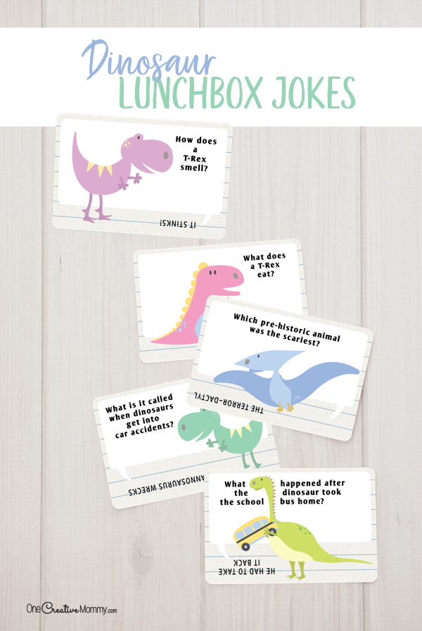Aren't these dinosaur lunchbox jokes the cutest? I can't wait to send them with my kids. {OneCreativeMommy.com} Free Printables #lunchboxjokes #lunchboxlovenotes #dinosaurs #printable #free
