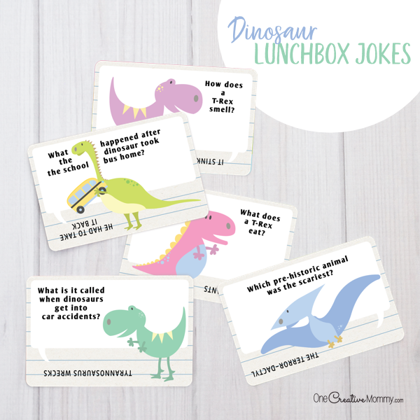 These dinosaur lunchbox jokes are going to make my kids so happy! {OneCreativeMommy.com} Free Printables #lunchboxjokes #lunchboxlovenotes #dinosaurs #printable #free