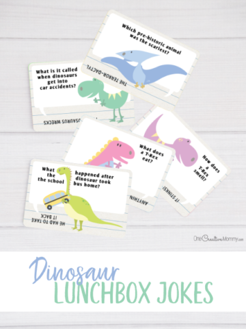 Aren't these dinosaur lunchbox jokes the cutest? I can't wait to send them with my kids. {OneCreativeMommy.com} Free Printables #lunchboxjokes #lunchboxlovenotes #dinosaurs #printable #free
