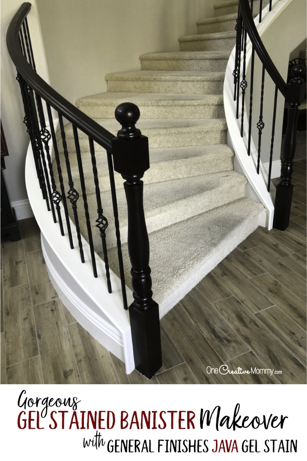 This java gel stain banister makeover is gorgeous! I have to try it. The video tutorial is so easy to follow. {OneCreativeMommy.com} #javagelstain #generalfinishesgelstiain #staircasemakeover #banistermakeover #tutorial #video