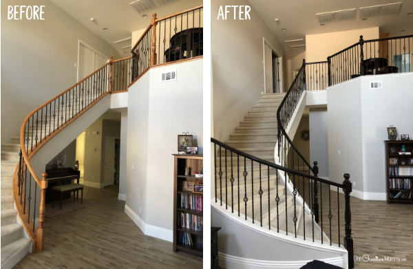 I am so doing this! What a transformation!{OneCreativeMommy.com} #javagelstain #generalfinishesgelstiain #staircasemakeover #banistermakeover #tutorial #video