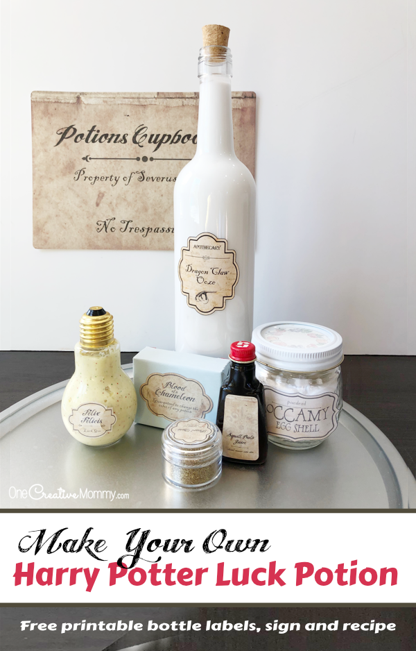This is perfect for a Harry Potter Potions class! Regular slime becomes "Luck Goo," complete with a recipe scroll, ingredient labels, and more. This looks like so much fun! {OneCreativeMommy.com} #harrypotterpartyideas #freeprintables #harrypotter