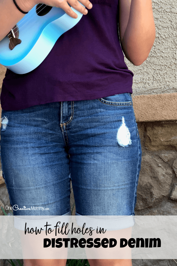Are your distressed jeans falling apart? Keep wearing them with this easy patch idea. {OneCreativeMommy.com} #distresseddenim #sewingtips #diy